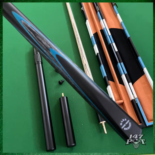 58" Snooker/Pool 3/4 Jointed Ash Cue - 9.5mm Tip - Hard Case - 2x Extensions Bundle :: Blue Maple Veneer