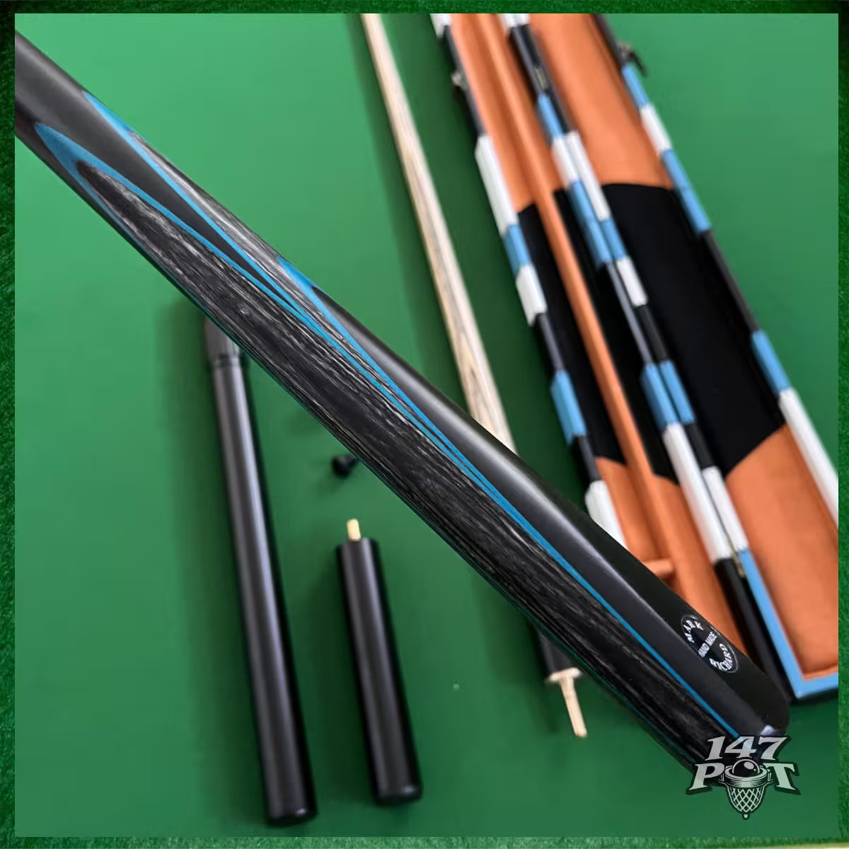 58" Snooker/Pool 3/4 Jointed Ash Cue - 9.5mm Tip - Hard Case - 2x Extensions Bundle :: Blue Maple Veneer