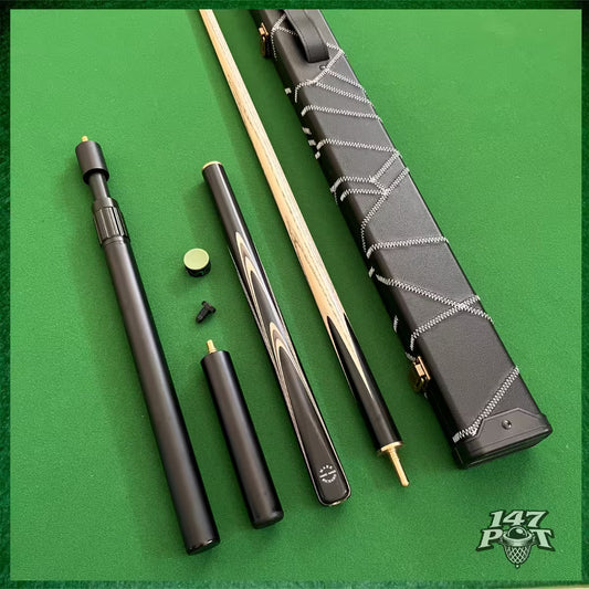 58 Inch Snooker/Pool 3/4 Jointed Ash Cue - 9.5mm Tip - Hard Case - 2x Extensions Bundle :: Premium Ebony White