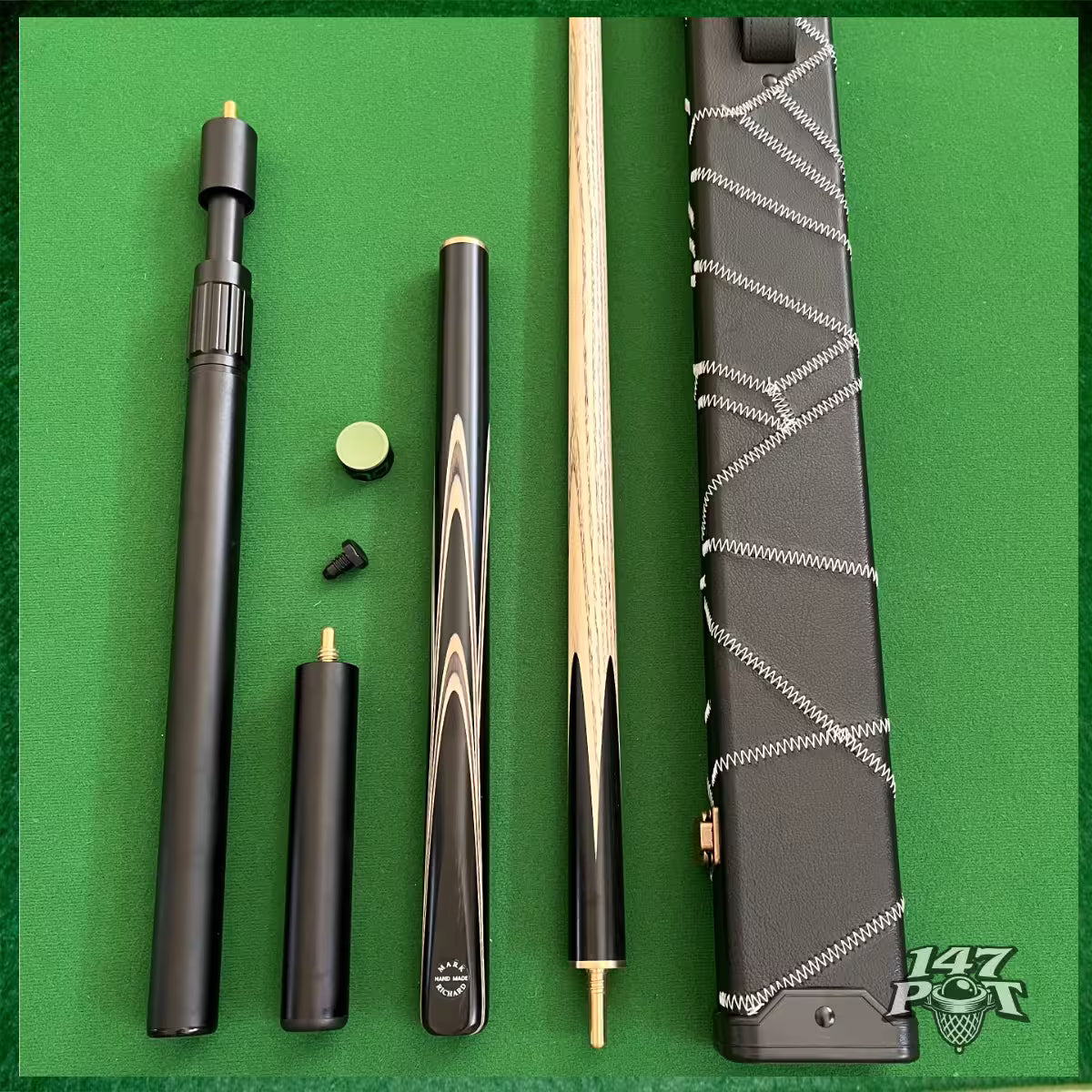 58 Inch Snooker/Pool 3/4 Jointed Ash Cue - 9.5mm Tip - Hard Case - 2x Extensions Bundle :: Premium Ebony White