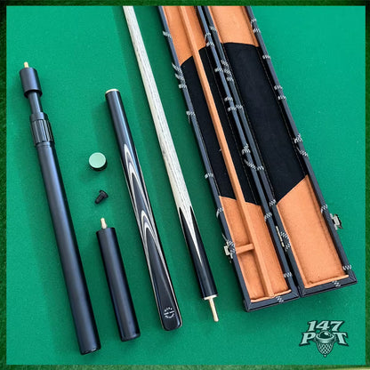 58 Inch Snooker/Pool 3/4 Jointed Ash Cue - 9.5mm Tip - Hard Case - 2x Extensions Bundle :: Premium Ebony White