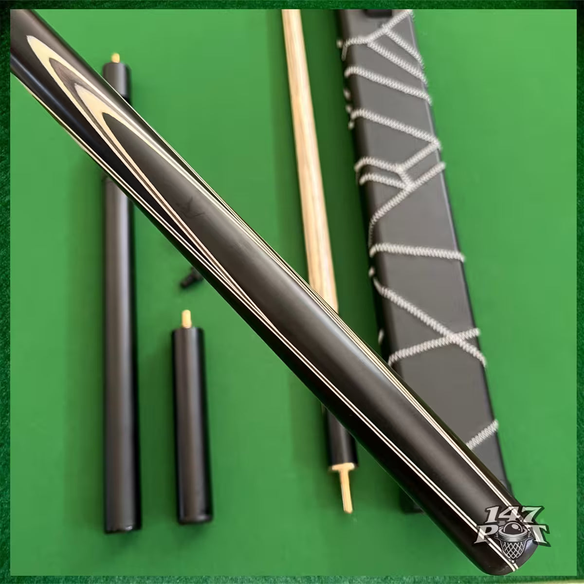58 Inch Snooker/Pool 3/4 Jointed Ash Cue - 9.5mm Tip - Hard Case - 2x Extensions Bundle :: Premium Ebony White