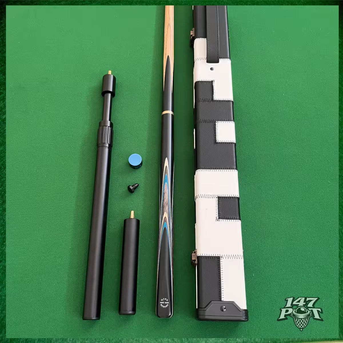 58 Inch Snooker/Pool 3/4 Jointed Ash Cue - 9.5mm Tip - Hard Case - 2x Extensions Bundle :: Blue & White Arrows