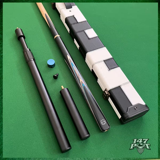 58 Inch Snooker/Pool 3/4 Jointed Ash Cue - 9.5mm Tip - Hard Case - 2x Extensions Bundle :: Blue & White Arrows