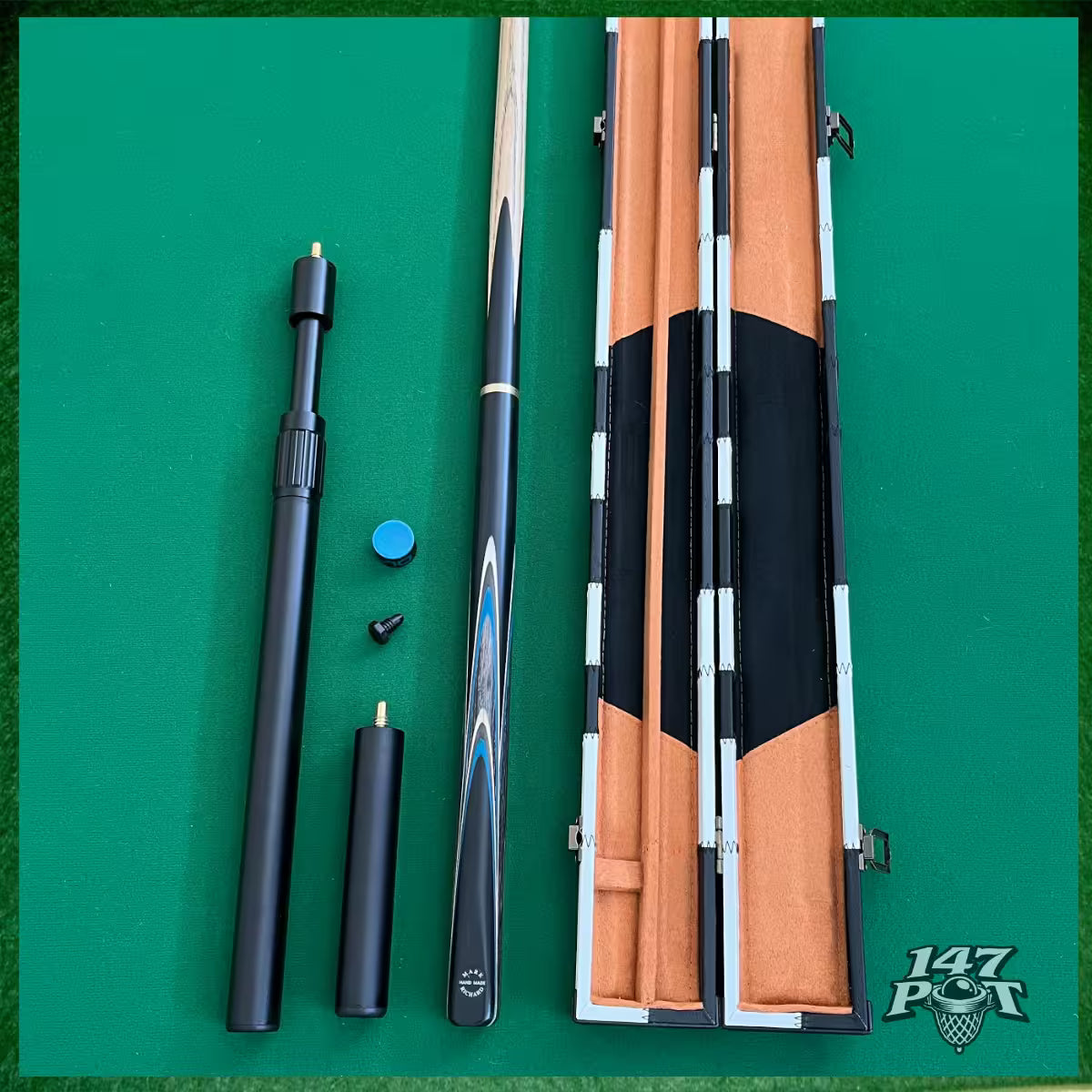 58 Inch Snooker/Pool 3/4 Jointed Ash Cue - 9.5mm Tip - Hard Case - 2x Extensions Bundle :: Blue & White Arrows