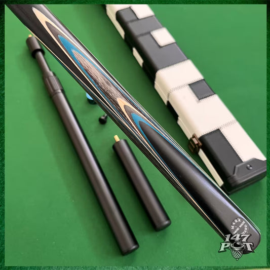 58 Inch Snooker/Pool 3/4 Jointed Ash Cue - 9.5mm Tip - Hard Case - 2x Extensions Bundle :: Blue & White Arrows