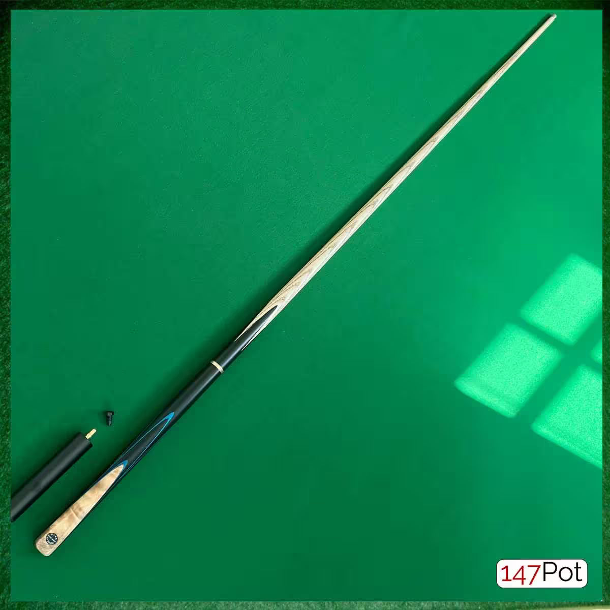 58" ¾ Jointed Handmade Ash 9.5mm Tip Snooker/Pool Cue - Laos Burl & Blue