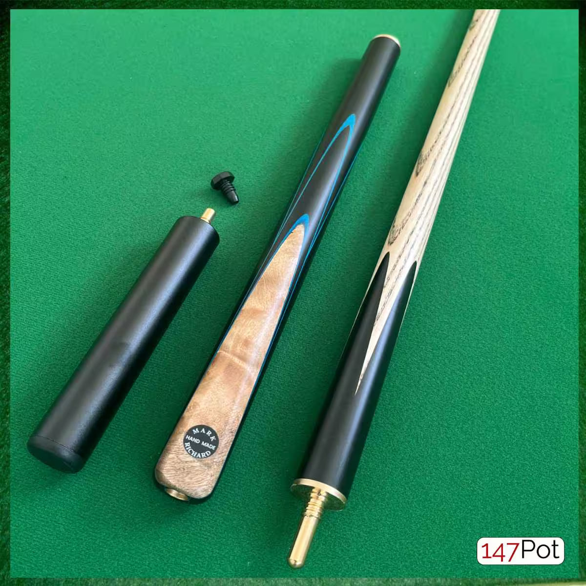 58" ¾ Jointed Handmade Ash 9.5mm Tip Snooker/Pool Cue - Laos Burl & Blue
