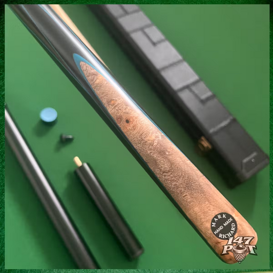 58 Inch Snooker/Pool 3/4 Jointed Ash Cue - 9.5mm Tip - Hard Case - 2x Extensions Bundle :: Laos Burl + Blue