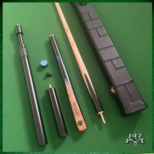 58 Inch Snooker/Pool 3/4 Jointed Ash Cue - 9.5mm Tip - Hard Case - 2x Extensions Bundle :: Laos Burl + Blue
