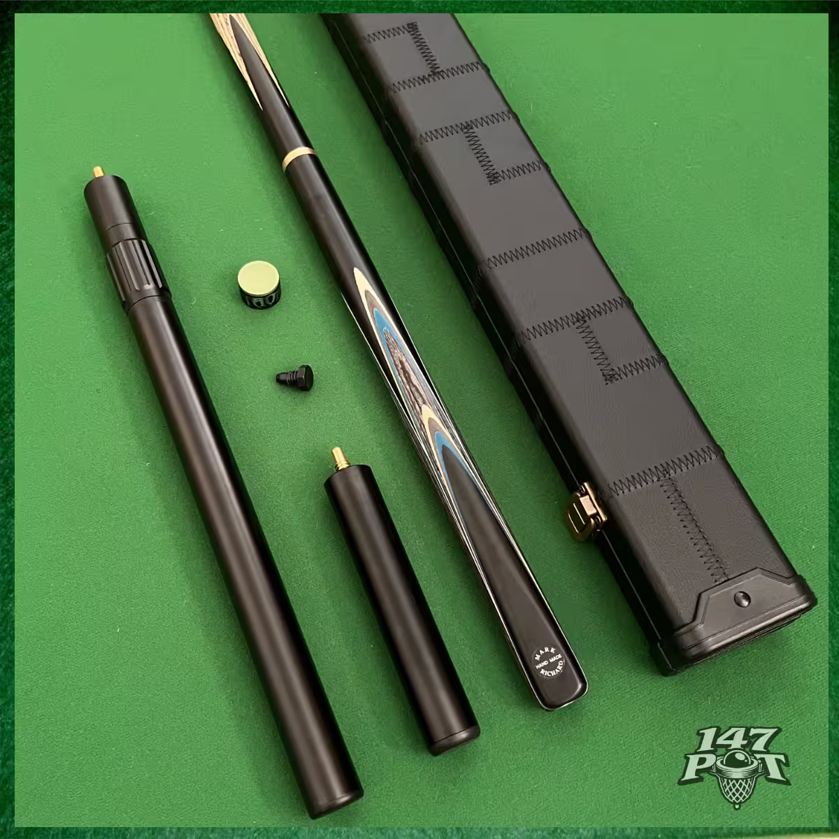 58 Inch Snooker/Pool 3/4 Jointed Ash Cue - 9.5mm Tip - Hard Case - 2x Extensions Bundle :: Blue & White Arrows