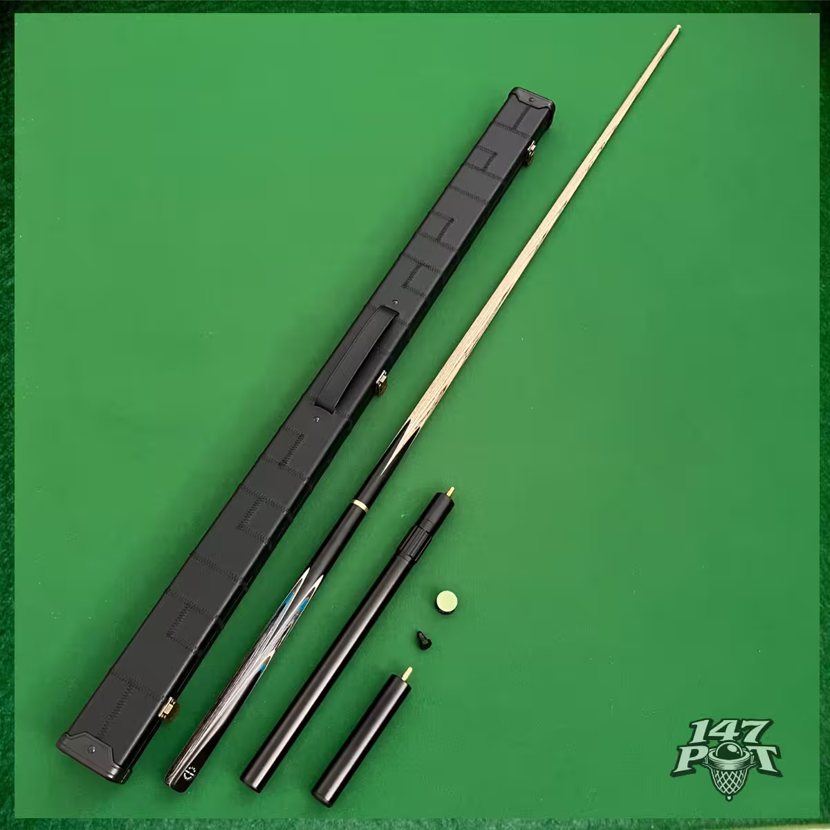 58 Inch Snooker/Pool 3/4 Jointed Ash Cue - 9.5mm Tip - Hard Case - 2x Extensions Bundle :: Blue & White Arrows