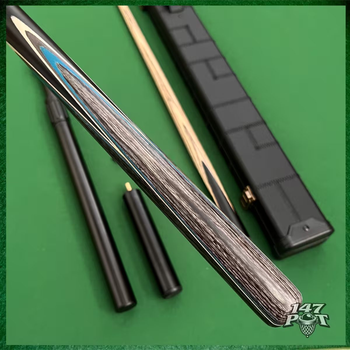 58 Inch Snooker/Pool 3/4 Jointed Ash Cue - 9.5mm Tip - Hard Case - 2x Extensions Bundle :: Blue & White Arrows