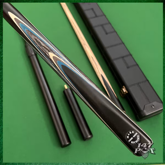 58 Inch Snooker/Pool 3/4 Jointed Ash Cue - 9.5mm Tip - Hard Case - 2x Extensions Bundle :: Blue & White Arrows