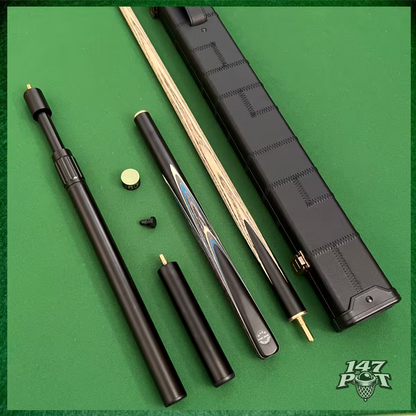 58 Inch Snooker/Pool 3/4 Jointed Ash Cue - 9.5mm Tip - Hard Case - 2x Extensions Bundle :: Blue & White Arrows