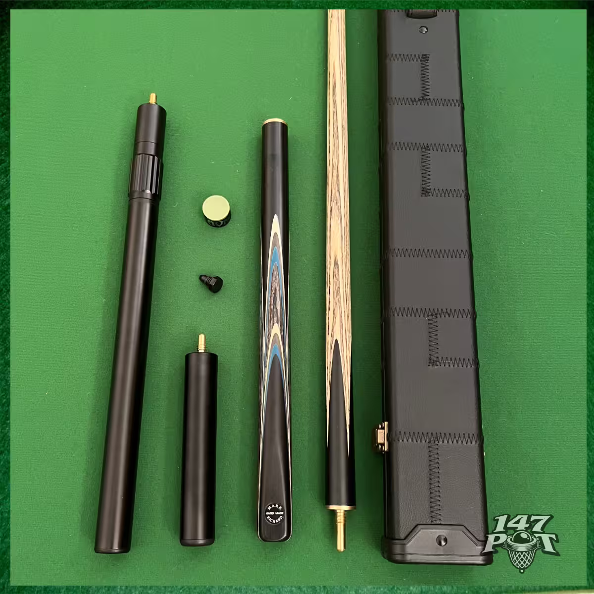 58 Inch Snooker/Pool 3/4 Jointed Ash Cue - 9.5mm Tip - Hard Case - 2x Extensions Bundle :: Blue & White Arrows