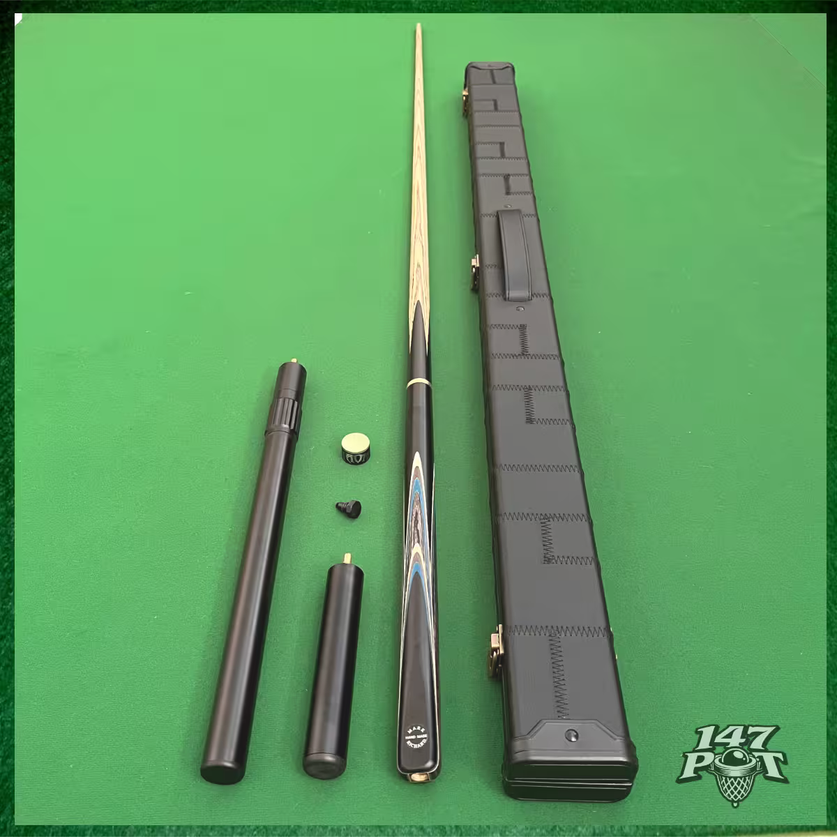 58 Inch Snooker/Pool 3/4 Jointed Ash Cue - 9.5mm Tip - Hard Case - 2x Extensions Bundle :: Blue & White Arrows