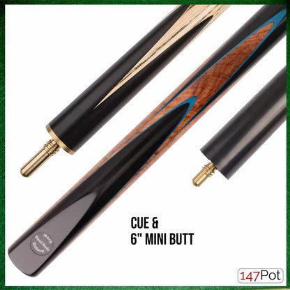 57" Ebony & Burl with Navy Inlay 3/4 Jointed 9.5mm Elk Master Tip Snooker Cue