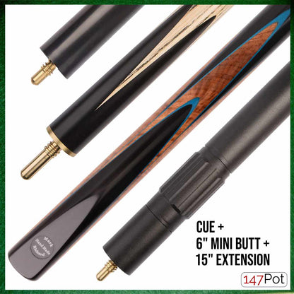 57" Ebony & Burl with Navy Inlay 3/4 Jointed 9.5mm Elk Master Tip Snooker Cue