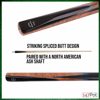 57" Ebony & Burl with Navy Inlay 3/4 Jointed 9.5mm Elk Master Tip Snooker Cue