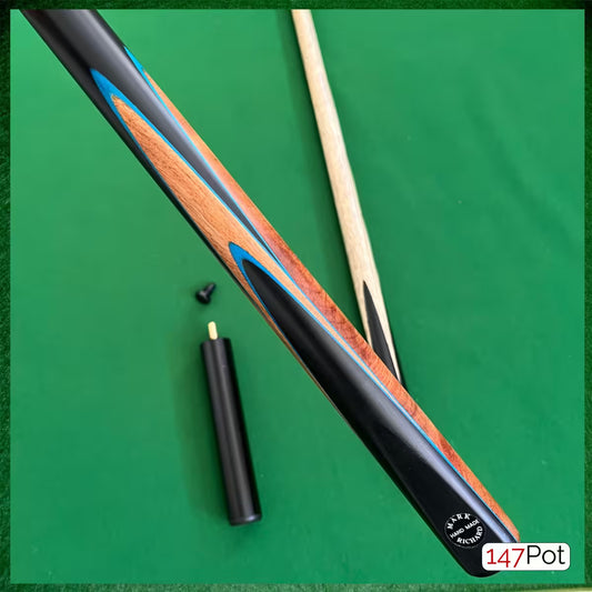 58" ¾ Jointed Handmade Ash 9.5mm Tip Snooker/Pool Cue - Ebony & Burl Navy Inlays