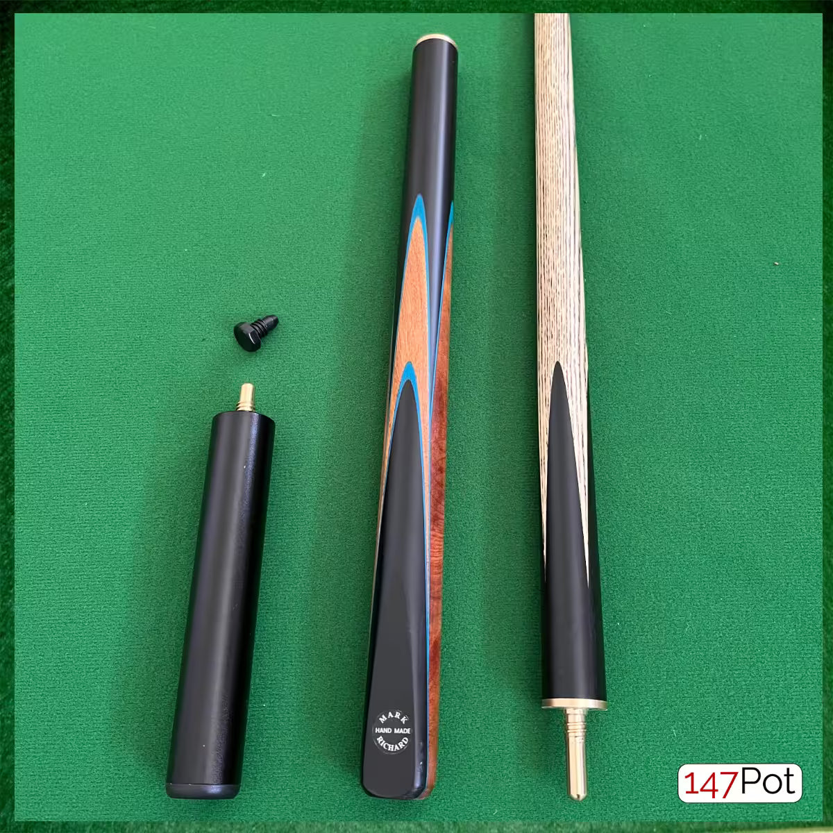 58" ¾ Jointed Handmade Ash 9.5mm Tip Snooker/Pool Cue - Ebony & Burl Navy Inlays