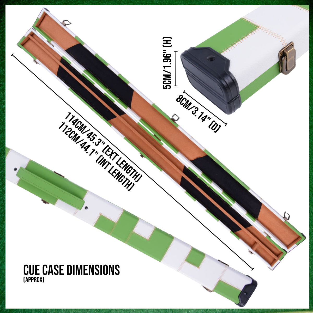 Green & White Patchwork Leatherette 3/4 Length 57" Snooker/Pool Cue Case