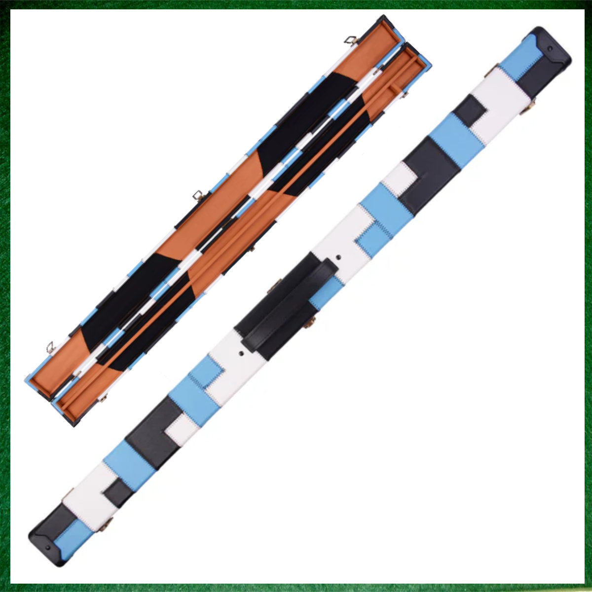 Black, Light Blue & White Patchwork Leatherette 3/4 Length 57" Snooker/Pool Cue Case