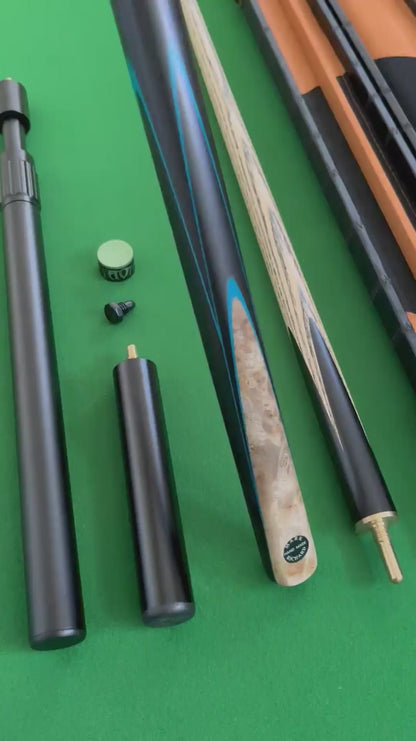 58" Snooker/Pool Cue + Case + 2x Extensions Bundle :: Laos Burl + Blue