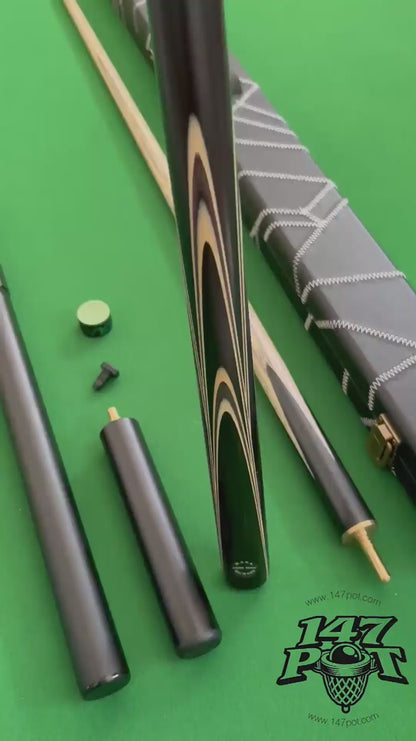 58 Inch Snooker/Pool 3/4 Jointed Ash Cue - 9.5mm Tip - Hard Case - 2x Extensions Bundle :: Premium Ebony White